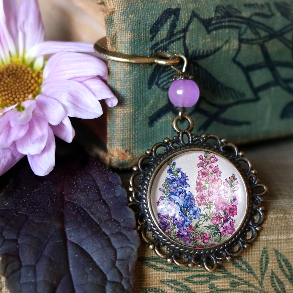 Larkspur‎ Flower Bookmark - Delphinium - Bronze and Glass Cabochon Book Hook